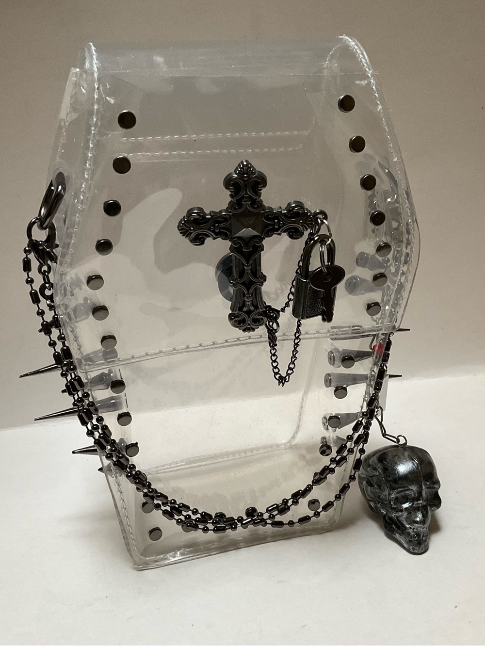 Coffin Shoulder Bag Clear PVC Spike Stud Crossbody Chain Strap Halloween Novelty
